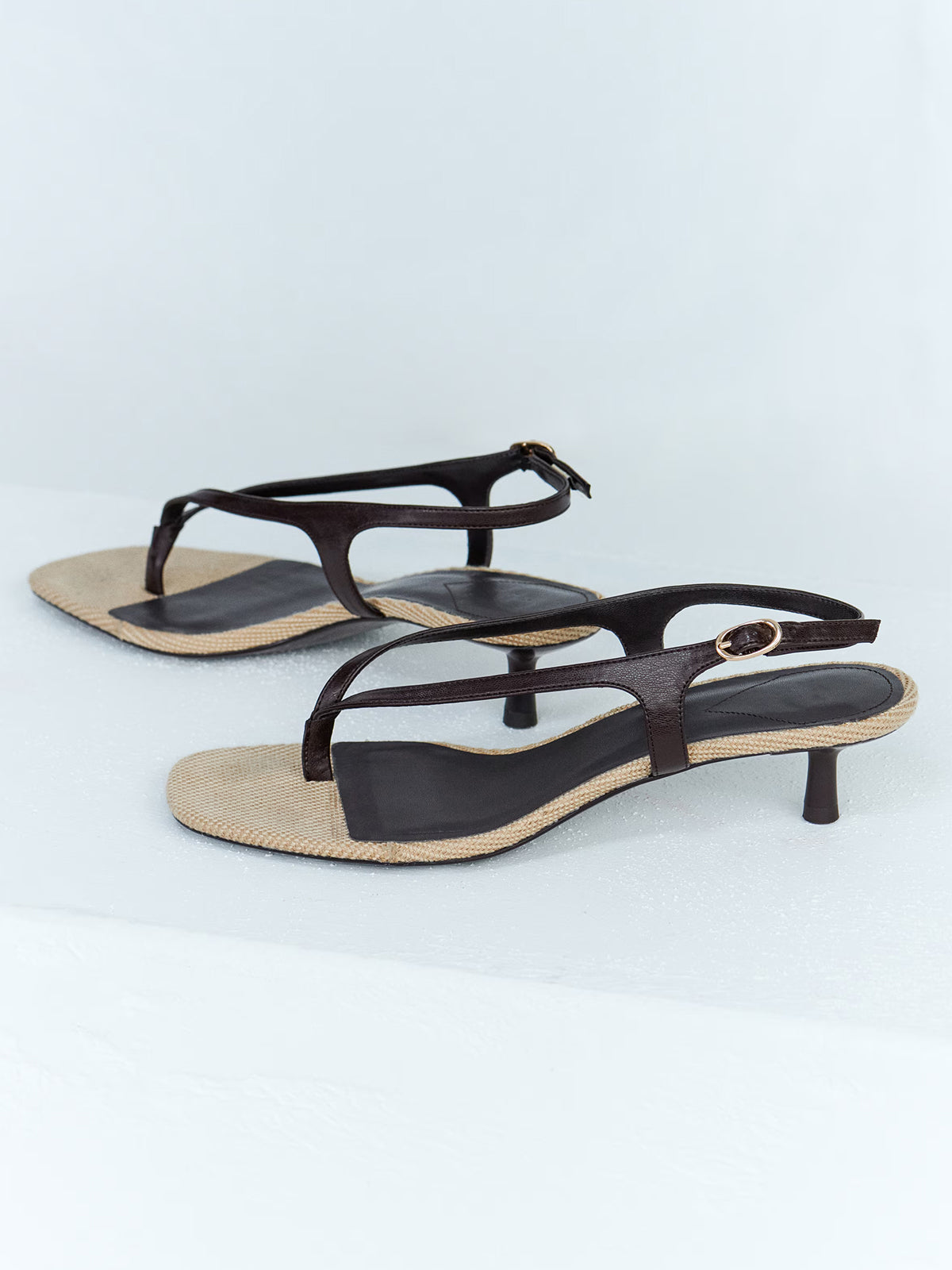 Dark Brown Square-Toe Flip-Flop Slingback Kitten Heels