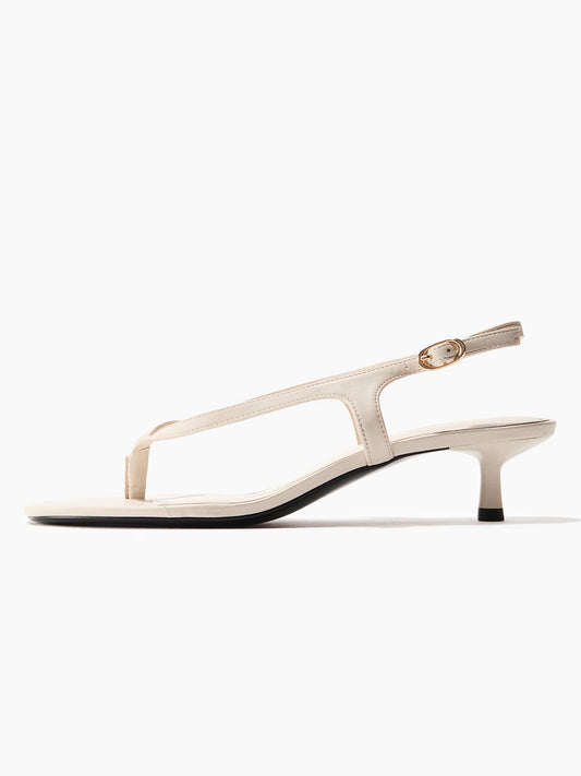Cream Square-Toe Flip-Flop Slingback Kitten Heels