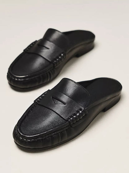 Black Round-Toe Simple Backless Loafer Mules Flats