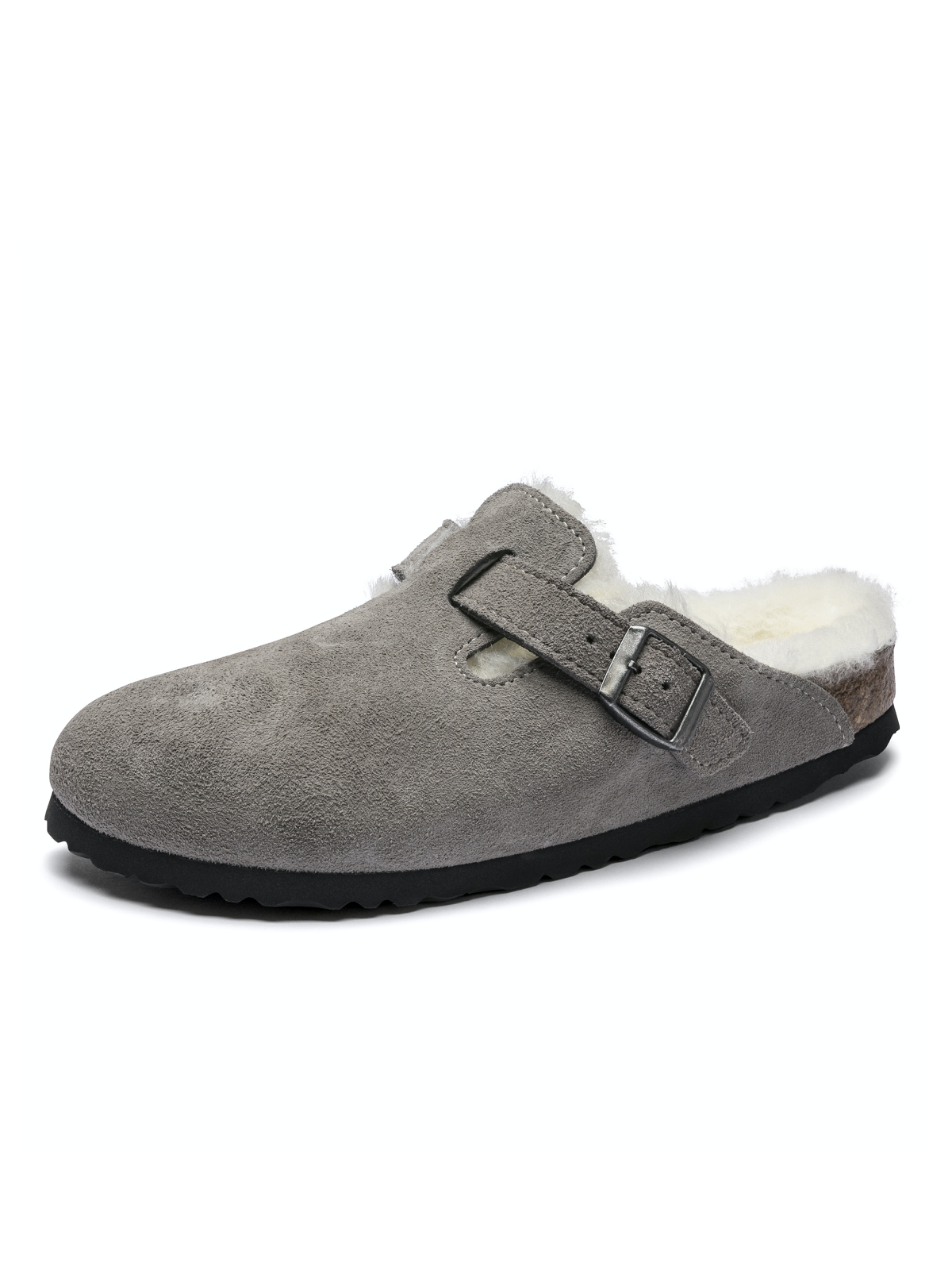 Grey Faux Suede Buckle Cork Clogs With Faux Shearling Lining Rounded Toe Backless Slippers Flats Mules