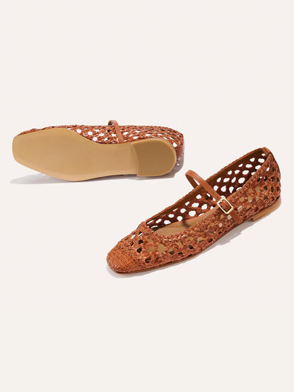 Tan Woven Vegan Leather Square-Toe Mary Jane Chic Ballet Flats