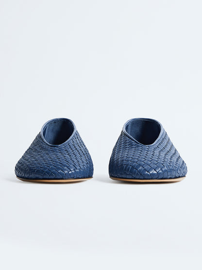 Blue Woven Vegan Leather Round-Toe Slip-On Ballet Flats