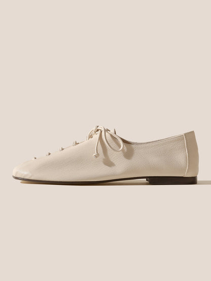Cream Square-Toe Chic Slip-On Flats With Lace-Up