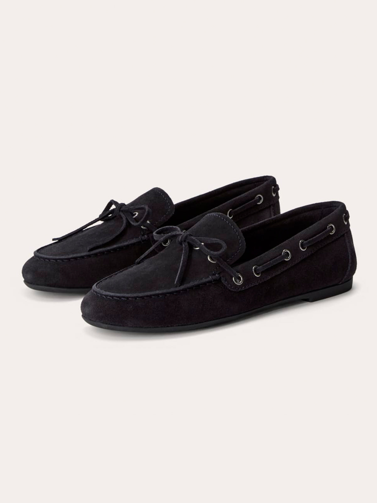 Dark Navy Faux Suede Round-Toe Front Bow And Lace Edge With Eyelets Flats
