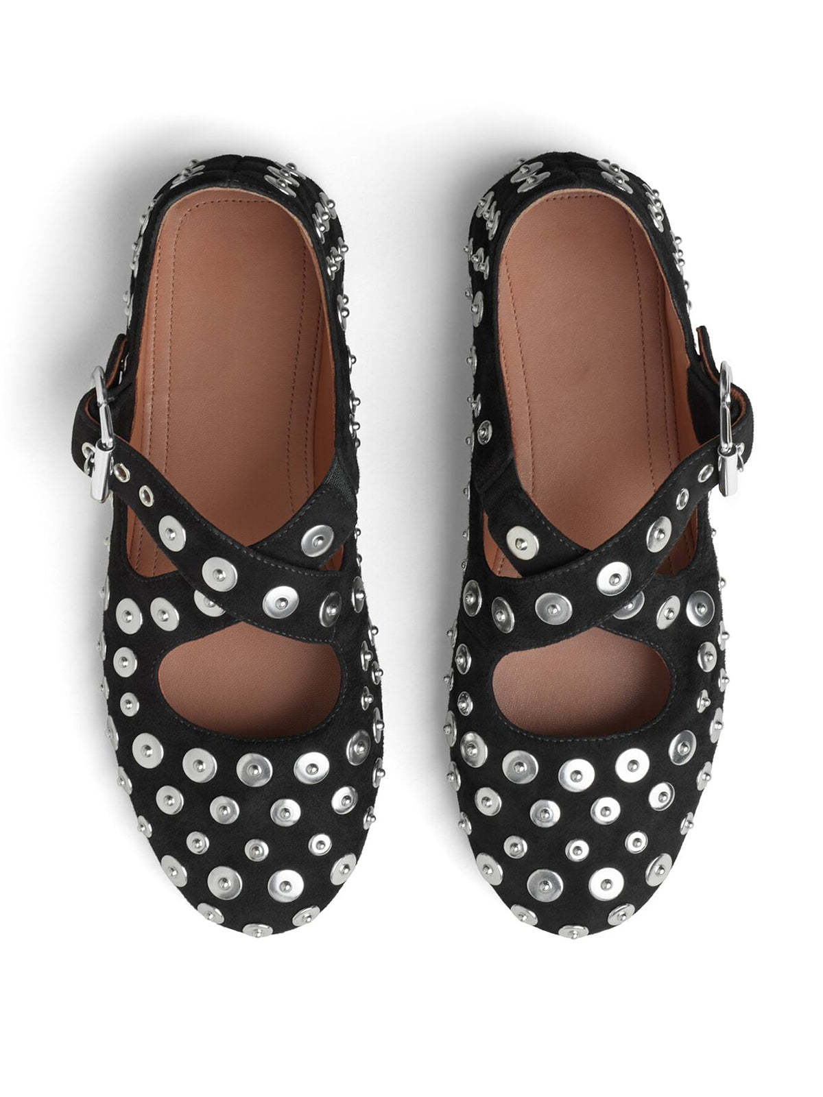 Black Faux Suede Round-Toe Full Studs Crossed Straps Ballet Flats