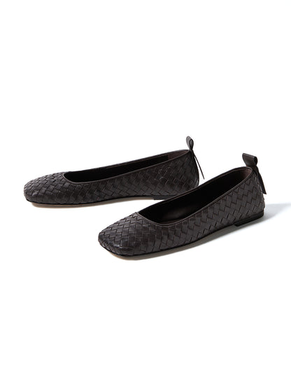 Chocolate Woven Vegan Leather Square-Toe Classic Slip-On Ballet Flats