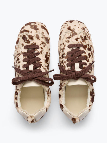 Cow Pattern Pony Hair Square-Toe Lace-Up Sneakers