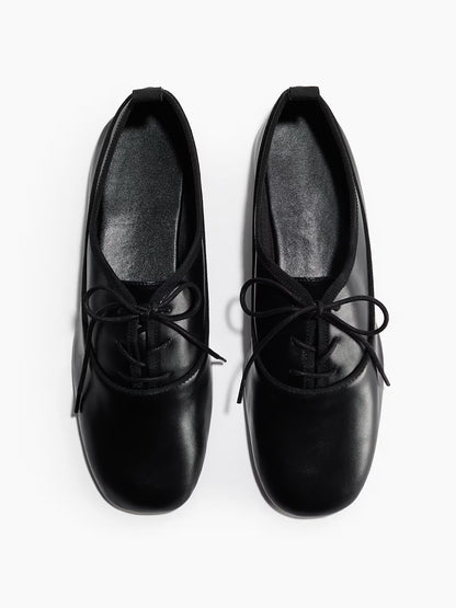 Black Square-Toe Chic Lace-Up Slip-On Ballet Flats