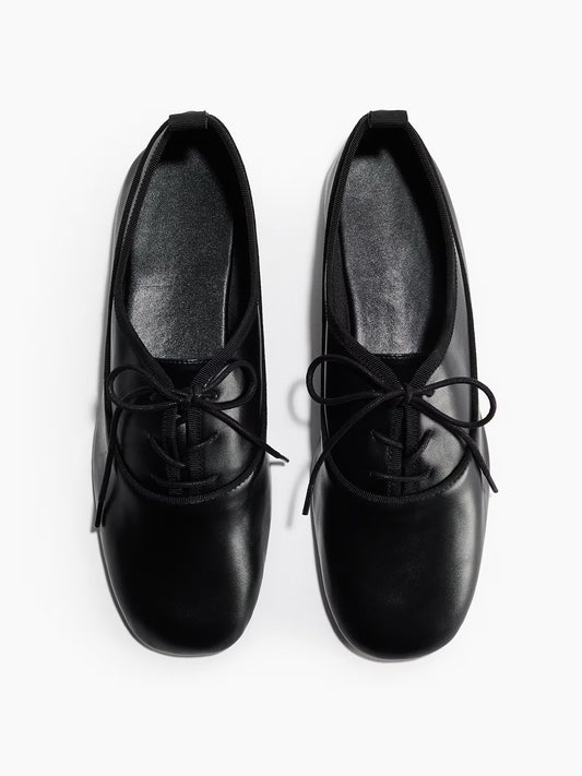 Black Square-Toe Chic Lace-Up Slip-On Ballet Flats