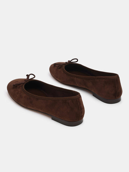 Brown Faux Suede Round-Toe Simple Slip-On Ballet Flats With Front Bow