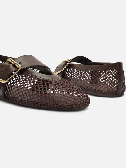 Coffee Mesh Round-Toe Buckle Wide Strap Slip-On Ballet Flats
