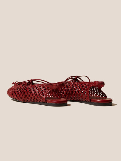 Cherry Red Woven Vegan Leather Round-Toe Lace-Up And Slingback Flats Sandals