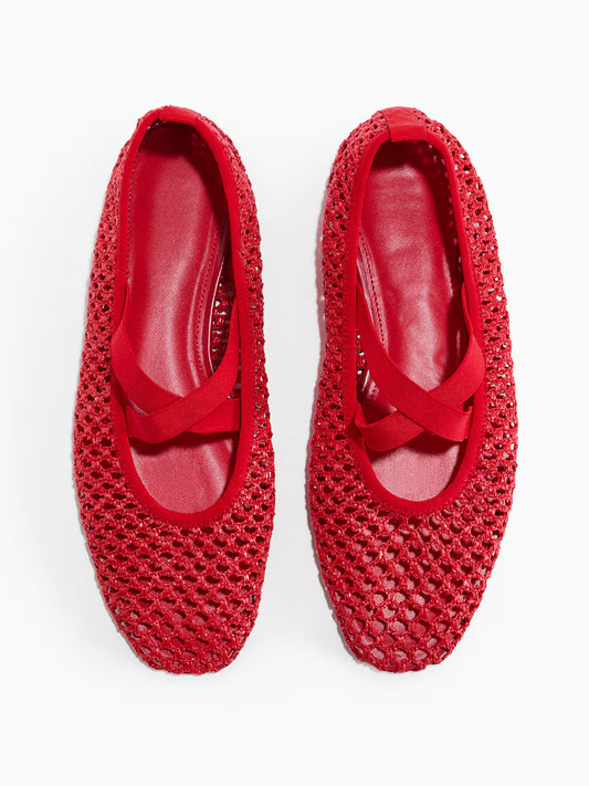 Red Grass Woven Square-Toe Middle Crossed Straps Ballet Flats