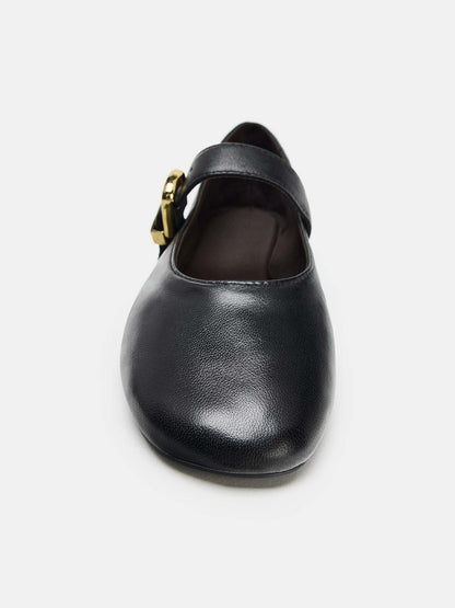 Black Round-Toe Buckle Middle Strap Slip-On Ballet Chic Flats
