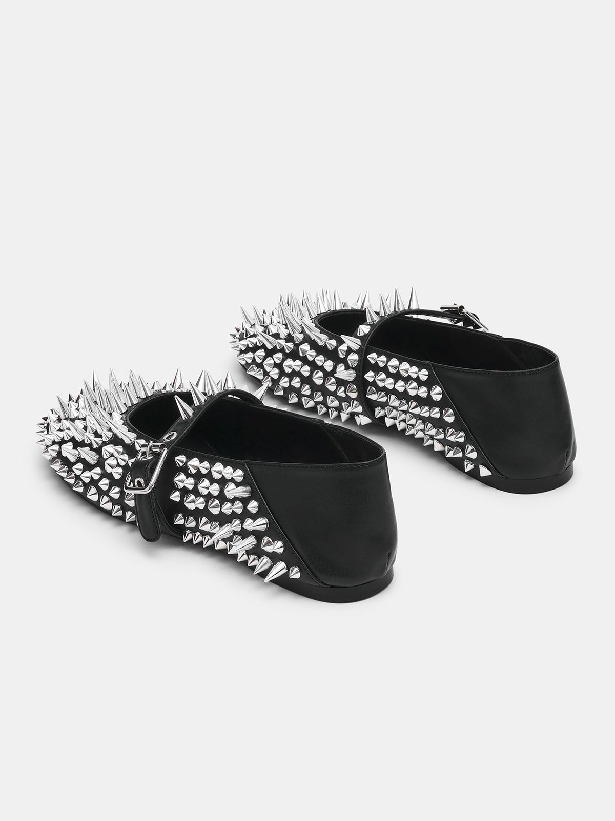 Black Round-Toe Full Rivet And Middle Strap Chic Ballet Flats