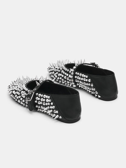 Black Round-Toe Full Rivet And Middle Strap Chic Ballet Flats