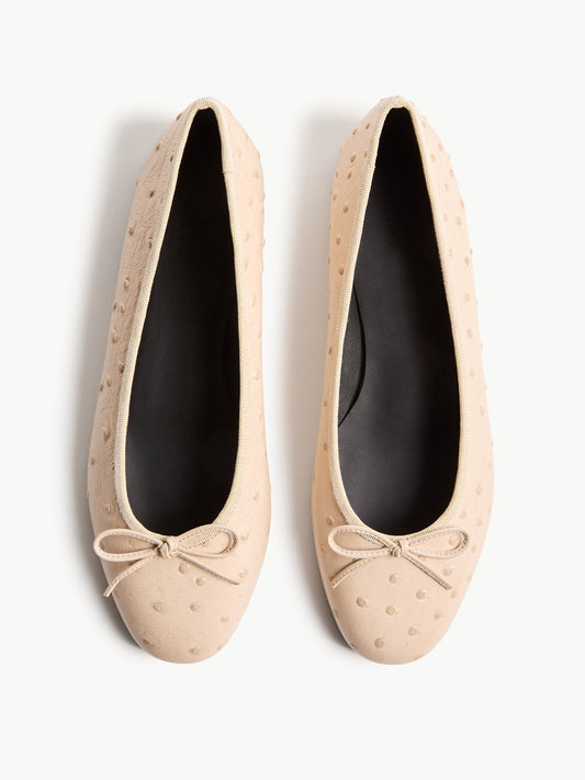 Slip-On Round-Toe Front Bow Simple Ballet Flats - Bone Ostrich Pattern