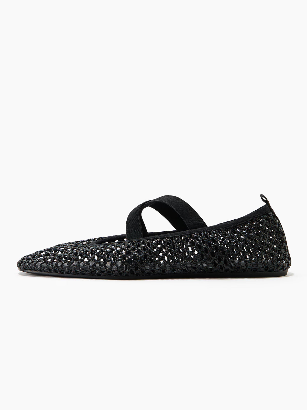 Black Grass Woven Square-Toe Middle Crossed Straps Ballet Flats