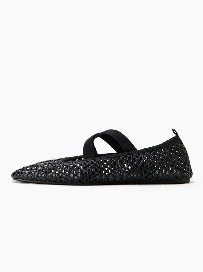 Black Grass Woven Square-Toe Middle Crossed Straps Ballet Flats