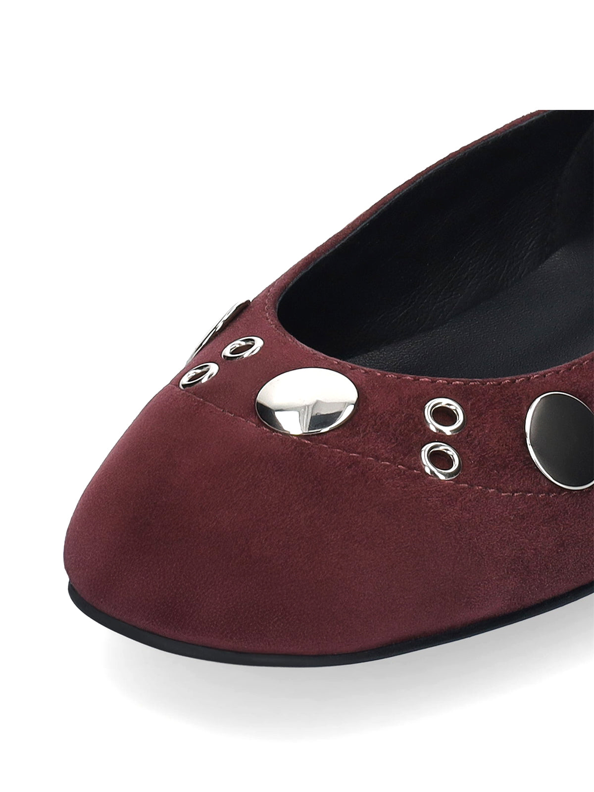 Burgundy Faux Suede Square-Toe Eyelets And Studs Slip-On Ballet Flats