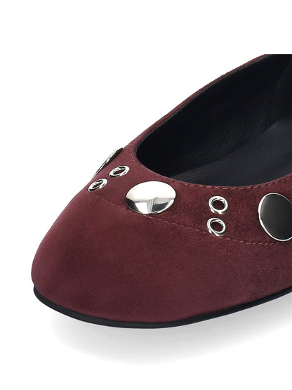 Burgundy Faux Suede Square-Toe Eyelets And Studs Slip-On Ballet Flats