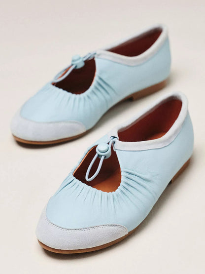 Sky Blue Faux Suede And Vegan Leather Round-Toe Mary Jane Ballet Flats