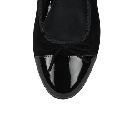 Wine Red Faux Suede And Patent Leather Round-Toe Front Bow Ballet Flats