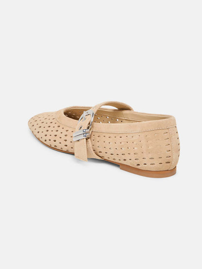 Camel Faux Suede Square-Toe Buckle Mary Jane Strap Ballet Flats