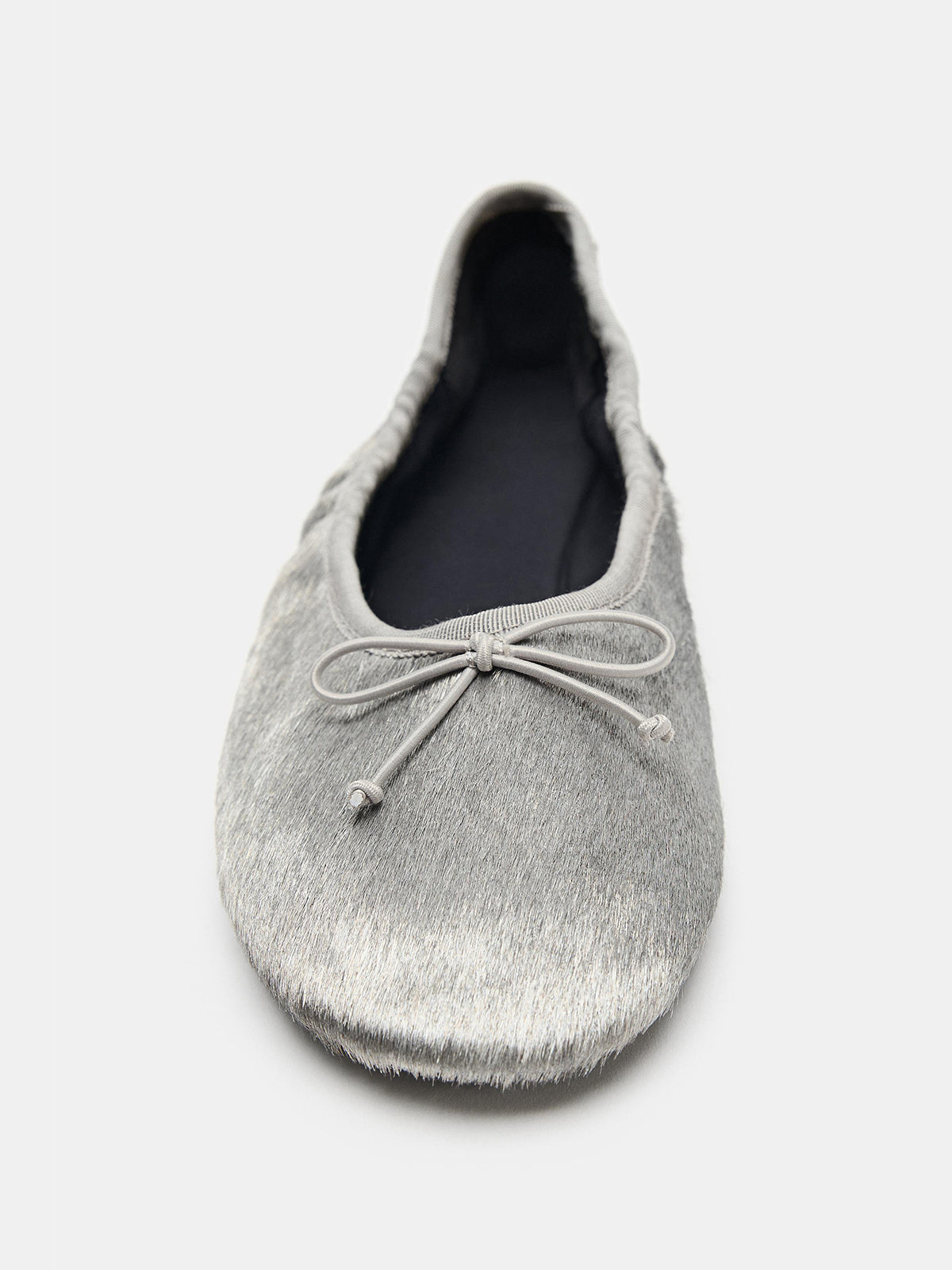 Silver Pony Hair Vegan Leather Square-Toe Front Bow Slip-On Ballet Flats