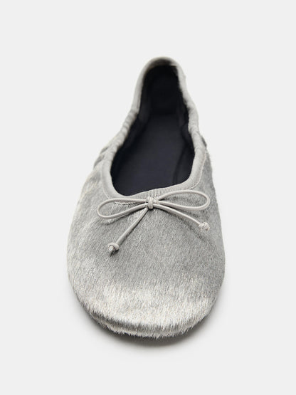 Silver Pony Hair Vegan Leather Square-Toe Front Bow Slip-On Ballet Flats