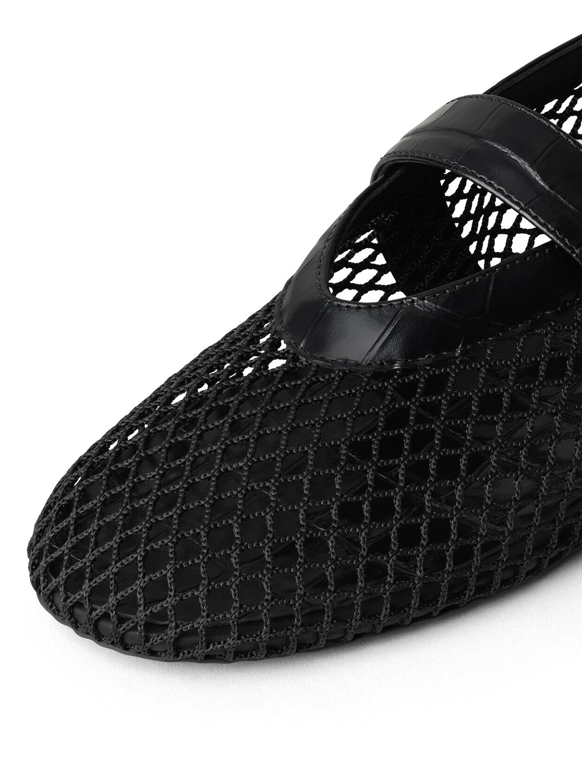Black Mesh And Crocodile Pattern Vegan Leather Round-Toe Mary Jane Ballet Flats