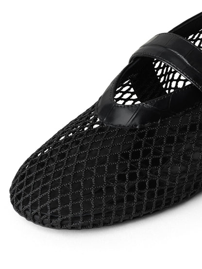 Black Mesh And Crocodile Pattern Vegan Leather Round-Toe Mary Jane Ballet Flats