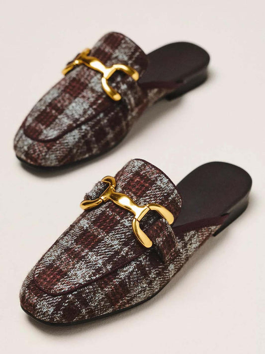 Red Gingham Square-Toe Slip-On Backless Loafers Flats