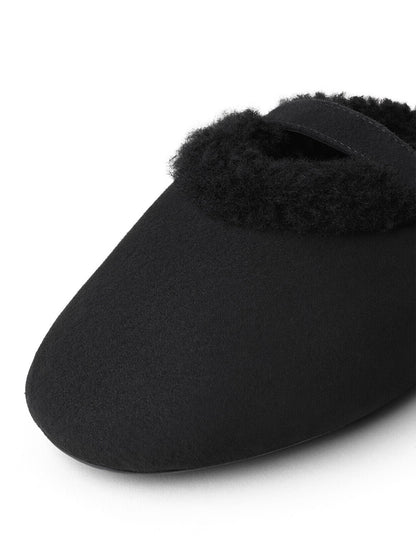 Black Faux Suede And Plush Square-Toe Mary Jane Slip-On Backless Flats