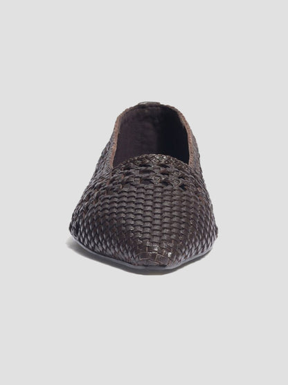 Chocolate Woven Vegan Leather Pointed-Toe Cutout Slip-On Flats