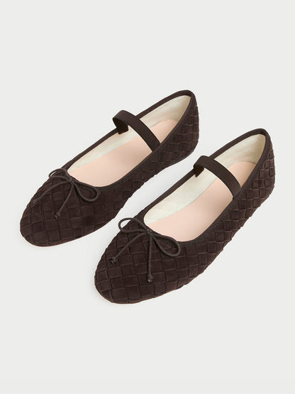 Brown Woven Faux Suede Round-Toe Front Bow And Middle Strap Ballet Flats