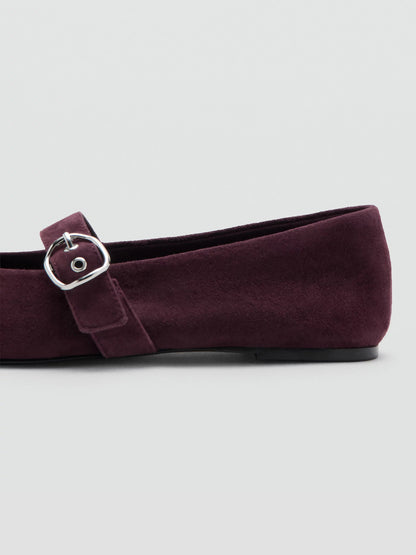 Burgundy Faux Suede Round-Toe Buckle Mary Jane Ballet Flats