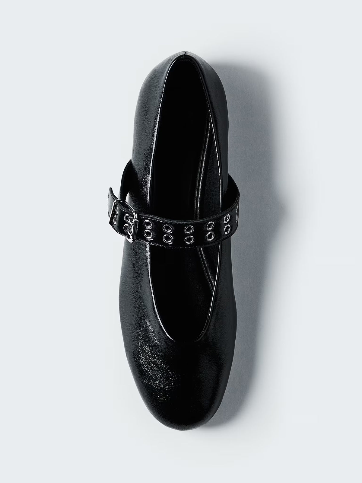 Black Round-Toe Middle Strap With Eyelets Ballet Flats