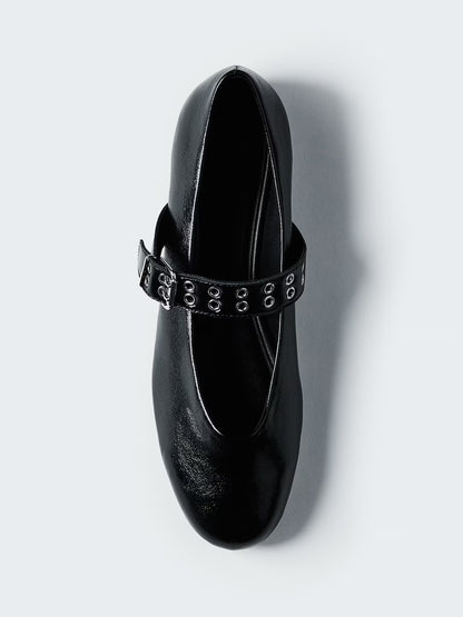 Black Round-Toe Middle Strap With Eyelets Ballet Flats