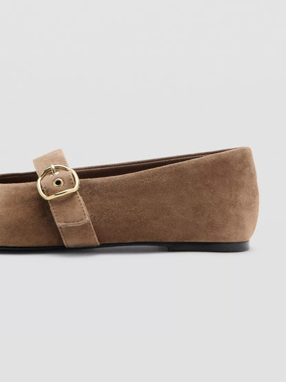 Sand Faux Suede Round-Toe Buckle Mary Jane Ballet Flats