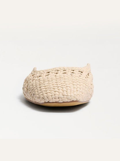 Woven Vegan Leather Square-Toe Cutout Backless Flats - Bone