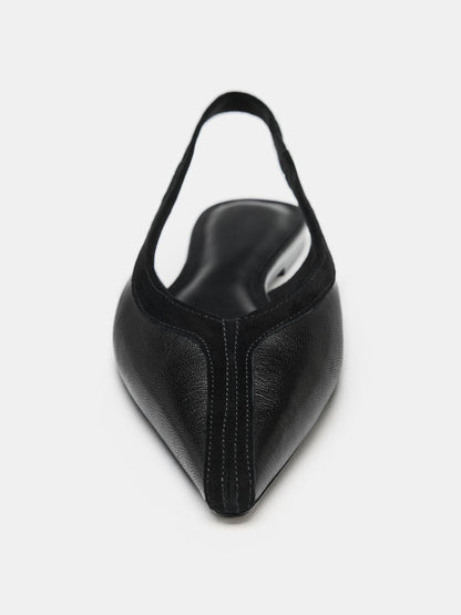 Black Vegan Leather And Faux Suede Pointed-Toe Chic Slingback Flats