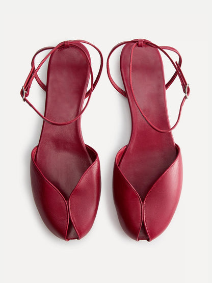 Red Peep Round-Toe Slip-On Back And Ankle Strap Flats