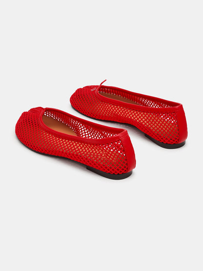 Red Mesh Split-Toe Slip-On Ballet Flats
