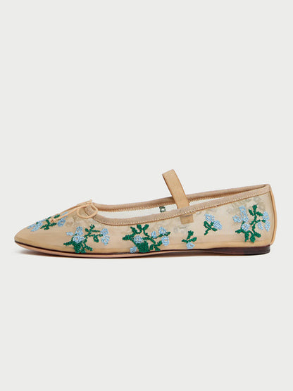 Caramel Mesh Round-Toe Flower Embroidery Front Bow And Middle Strap Ballet Flats