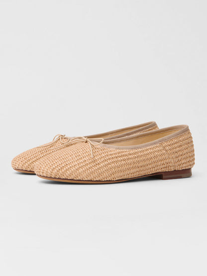 Beige Woven Round-Toe Simple Chic Ballet Flats With Front Bow