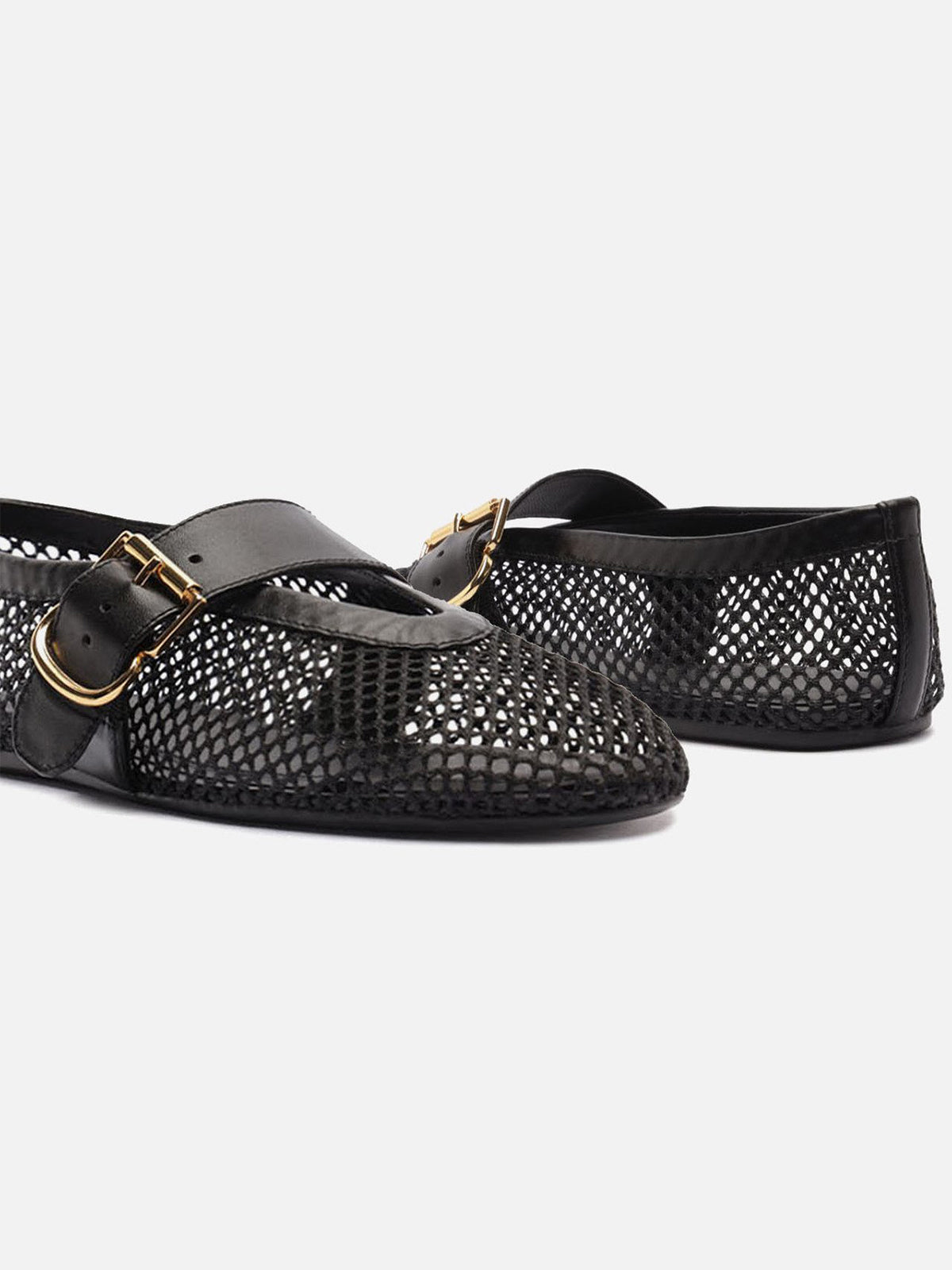 Black Mesh Round-Toe Buckle Wide Strap Slip-On Ballet Flats