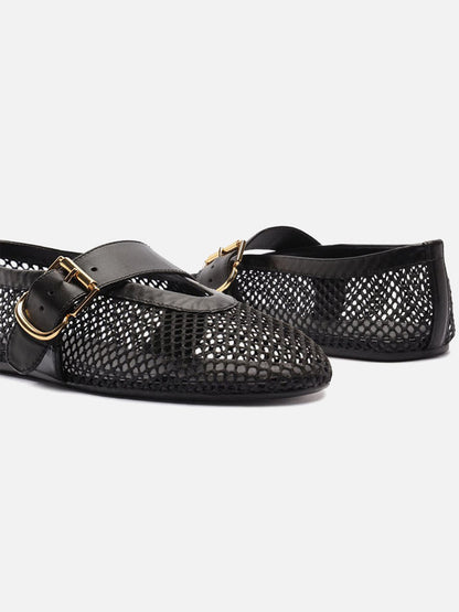 Black Mesh Round-Toe Buckle Wide Strap Slip-On Ballet Flats