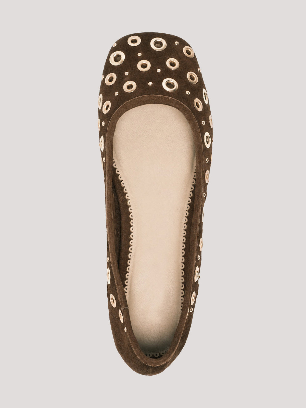 Chocolate Faux Suede Square-Toe Studs And Eyelets Slip-On Ballet Flats