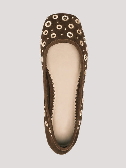 Chocolate Faux Suede Square-Toe Studs And Eyelets Slip-On Ballet Flats